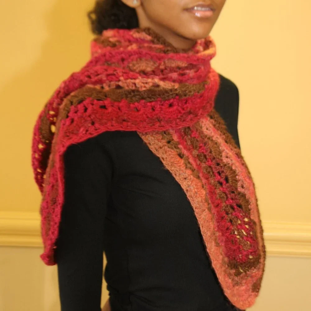 Crochet Multiwear Long Scarf in Pinks and Brown NEW